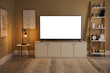 © New Africa - Tv set with white screen on stand in room. Mockup for design