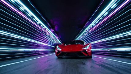 Poster - a futuristic sports car racing through a neon-lit tunnel, with dynamic light streaks enhancing the sense of speed and adrenaline