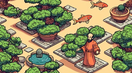 Monk tending bonsai trees in serene Japanese garden, isometric illustration, for website design