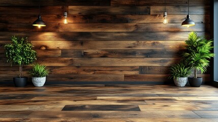 Poster - Empty modern interior with wooden wall and plants