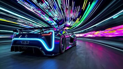 Aufkleber - a futuristic sports car racing through a neon-lit tunnel, with dynamic light streaks enhancing the sense of speed and adrenaline