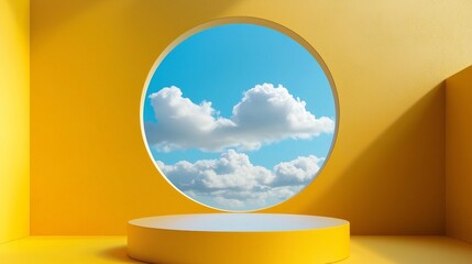 Poster - A vibrant yellow cylinder pedestal stands against a bold yellow wall, framed by a circular opening revealing a bright sky and fluffy white clouds. The composition invites creativity and imagination