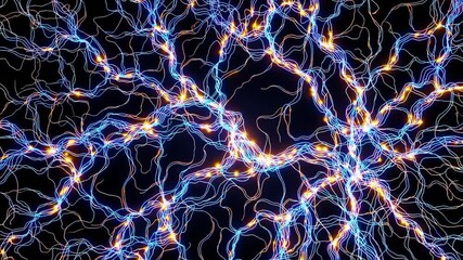 Poster - An ethereal shot where interconnected neon strands flicker with pulsating sparks of electricity, set against a moody, shadowed backdrop for a bold, sci-fi flair.