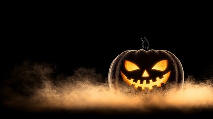 Canvas Print - A jack-o-lantern in the dark with smoke coming out of it