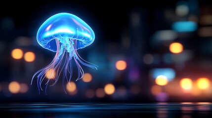 Poster - A blue jellyfish floating in the water at night