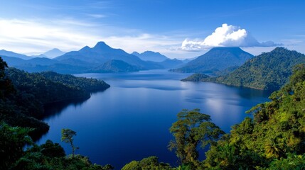 Canvas Print - A large body of water surrounded by trees and mountains