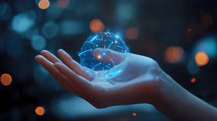 Poster - Futuristic hand holding glowing sphere with digital connections. Generative AI