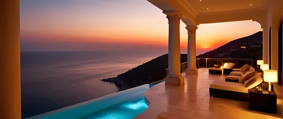 Wall Mural - A breathtaking sunset view framed by luxurious villa balconies embodying serenity and opulence in a tranquil picturesque setting
