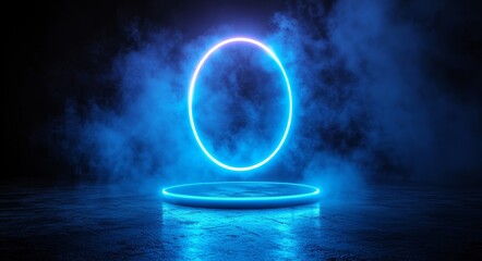 Poster - An abstract night landscape of a futuristic nature. The dark horizon is bathed in a neon abstract background. A large object dominates the center, set against a space background. The overall scene is