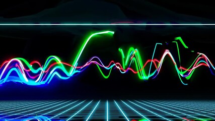 Aufkleber - A high-tech interface showcasing pulsing, neon data waves in constant motion, each surge hinting at underlying analytical metrics in a futuristic digital environment.