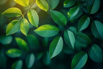 Poster - A beautiful nature view of a green leaf against a blurred greenery background in a garden, bathed in sunlight, with ample copy space, using natural green plants as the landscape, embracing ecology