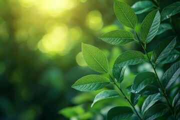 Poster - In a garden setting, sunlight bathes a green leaf against a blurred greenery background, providing ample space for writing and framed by natural green plants, representing ecological freshness, and