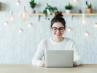 Fototapete - Woman sitting at a table working on a laptop in a bright indoor environment