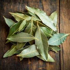 Wall Mural - pile of bay leaves with their distinct veined structure on a rustic wooden background