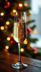 Wall Mural - Golden champagne flute, shimmering Christmas tree lights , festive, alcohol