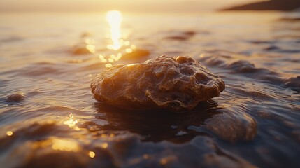 Poster - Golden sunset rock on shallow coastal waters