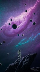 Leinwandbilder - A soft, surreal backdrop of multi-colored planetary orbs floating amidst nebula clouds, framing an astronaut poised on a rocky alien outcrop for an ethereal sci-fi effect.