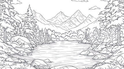 Wall Mural - Serene mountain lake landscape; peaceful nature scene, ideal for coloring books