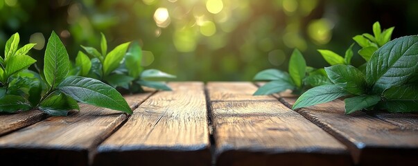 Wall Mural - An empty wooden table top and a blurred green tree in the background of a park garden - great for displaying or combining with your products