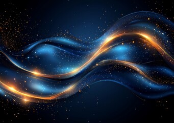 Poster - Golden curves overlay layers of dark blue tones in an abstract setting