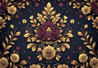Poster - Illustrative template featuring a golden, radiant ornate frame against a dark burgundy backdrop, adorned with an elegant floral border