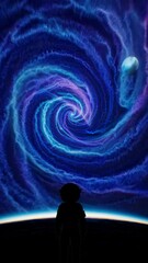 Poster - A soft, surreal backdrop of multi-colored planetary orbs floating amidst nebula clouds, framing an astronaut poised on a rocky alien outcrop for an ethereal sci-fi effect.