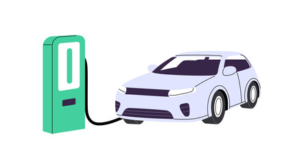 Electro car recharges battery on charging station. Electric automobile refuels with electricity at auto charger. Modern transport on sustainable energy. Flat isolated vector illustration on white