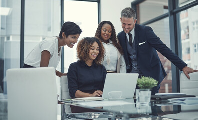 Poster - Laptop, smile or business people in meeting with research for feedback, discussion or teamwork. Corporate report, online news or financial advisor talking to economists for economy or collaboration