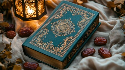 Holy book, Quran, on cloth, with dates and lantern, spiritual