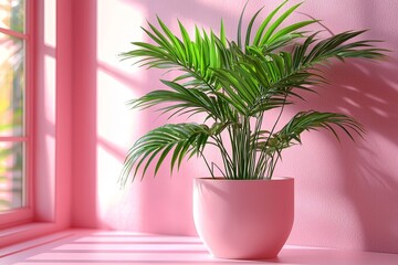 Poster - Abstract pink studio background for product presentation. An empty room with shadows of a window, flowers, and palm leaves. Three-dimensional room with available copy space. Summer concert. Blurred