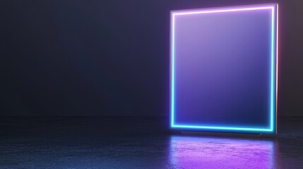 Poster - A virtual reality cyber space boasting a 3d abstract neon background and a polygonal geometric structure, featuring a podium with products illuminated by colored neon lights, giving it a retro sci-fi