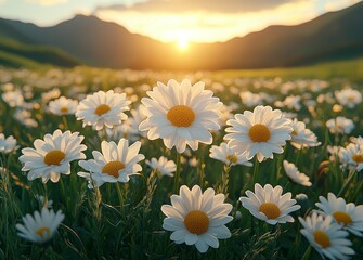 Sticker - A picturesque summer scene featuring a meadow bursting with flowers against the backdrop of rolling hills on a clear, sunny day. The lush green grass is dotted with numerous blooms, with a small area