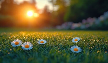 Poster - Meadow abundant with white and pink spring daisies on a sunny day, capturing a serene nature landscape in Estonia during early summer