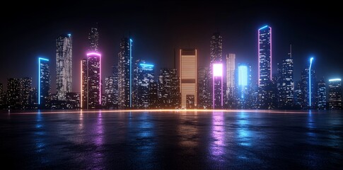 Poster - A futuristic cyberpunk city rendered in 3D, featuring blue and pink light trails. The concept depicts a sci-fi downtown at night, with towering skyscrapers, highways, and billboards
