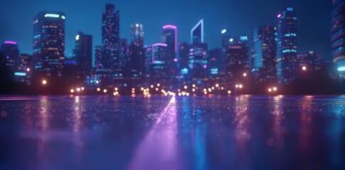 Poster - The night scene of a sci-fi downtown in a futuristic cyberpunk city is revealed in a 3D rendering, featuring blue and pink light trails, skyscrapers, highways, and billboards