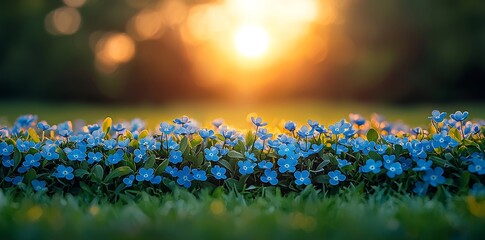 Poster - Blue delicate flowers bloom in a spring meadow alongside fluttering butterflies. A banner featuring a vibrant forget-me-not stands out in the sunlight