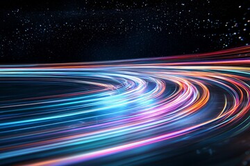 Poster - Neon lines of light moving swiftly against a vertical, glowing, abstract background. This dynamic scene features a futuristic cyberpunk, digital fast movement with bright laser blue and purple hues,