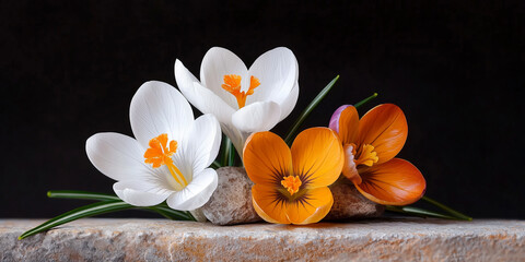 Poster - Three Crocus Flowers In White And Orange On Wooden Surface