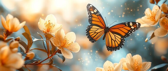 Poster - white butterflies among colorful flowers with an abstract bokeh background