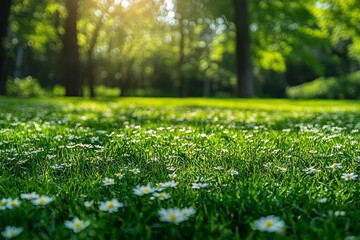 Poster - A blurred spring image displays blooming trees against a sunny sky, capturing the serene green nature and expansive blue skies