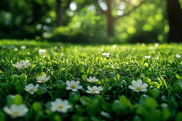 Wall Mural - In a blurred background, a spring nature scene with green landscapes and a bright, sunny sky is beautifully depicted