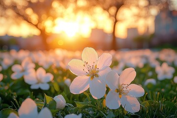 Poster - A beautiful blurred spring background image captures blooming trees under a sunny sky, showcasing green nature and blue skies