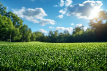 Poster - A beautiful blurred background image of spring nature with a sunny sky. Green vegetation against the backdrop of blue skies