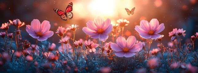 Wall Mural - Macro image of wildflowers in a meadow at sunset, with shallow depth of field