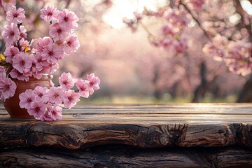 Wall Mural - An empty product display table set against a softly blurred floral spring background, Stock