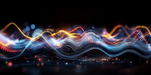 Poster - Abstract fiber optic lines with colliding particles, featuring blue, pink, and orange hues, in a CGI concept render