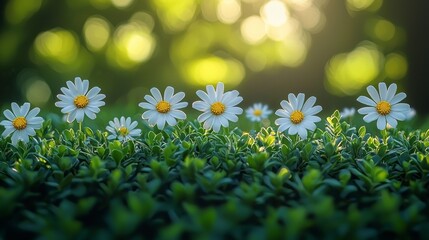 Poster - in the foreground, a sunny spring meadow; in the background, the green grass is blurred, enjoying a 
