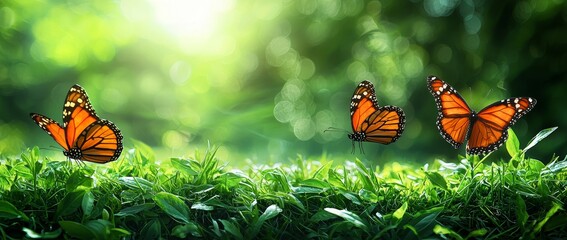Poster - young, green, and juicy grass with fluttering butterflies dances against a blue spring sky dotted wi