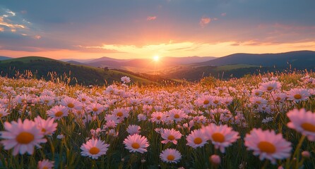 Poster - a serene spring and summer landscape features a meadow of blooming daisies nestled in the green hill