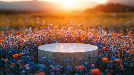 Poster - Podium flower product white 3d spring table beauty stand display nature white. Garden floral background cosmetic field scene gift day
